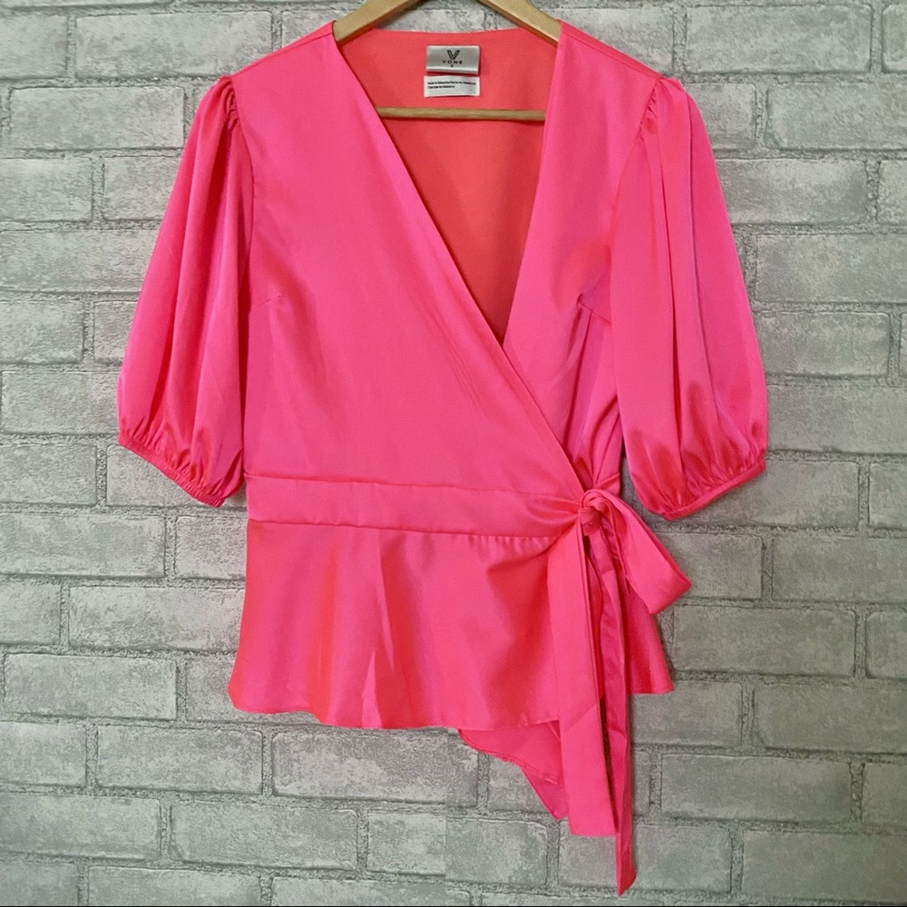 Vone Neon Pink Faux Satin Wrap Blouse